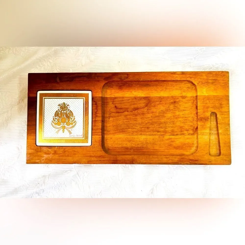 George Briar Teak Wood & Tile MCM‎ Ceramic Serving Tray Charcuterie Board Vtg